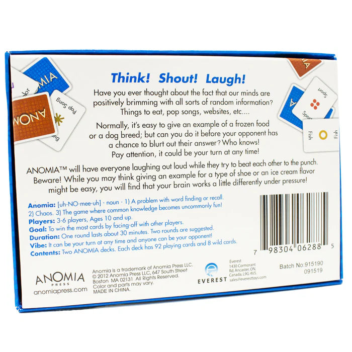 Back of the Anomia card game box with text and cards displayed