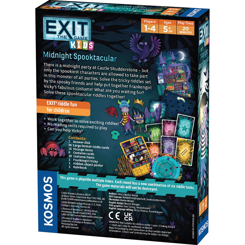 Box of 'Exit the Game: Kids Midnight Spooktacular' by Kosmos with colorful graphics and text.