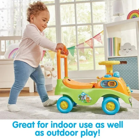 Child playing with a KidOozie - Funtime Activity Ride-On in a bright room with large windows.