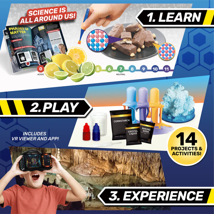 Bill Nye's Chem Lab VR science education kit with VR viewer, experiments, and educational materials on a blue background.