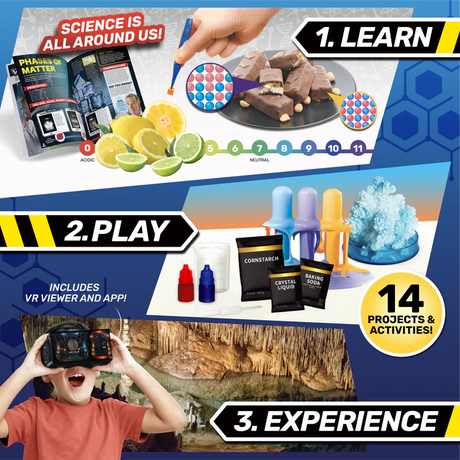 Bill Nye's Chem Lab VR science education kit with VR viewer, experiments, and educational materials on a blue background.