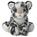 Plush toy snow leopard with black and white pattern on a white background