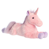 Pink plush unicorn toy on a white background