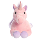 Pink plush unicorn toy with a white background