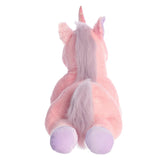 Pink and purple unicorn plush toy on a white background