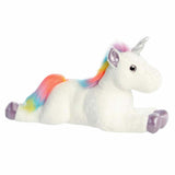 Plush unicorn toy with a rainbow-colored mane on a white background