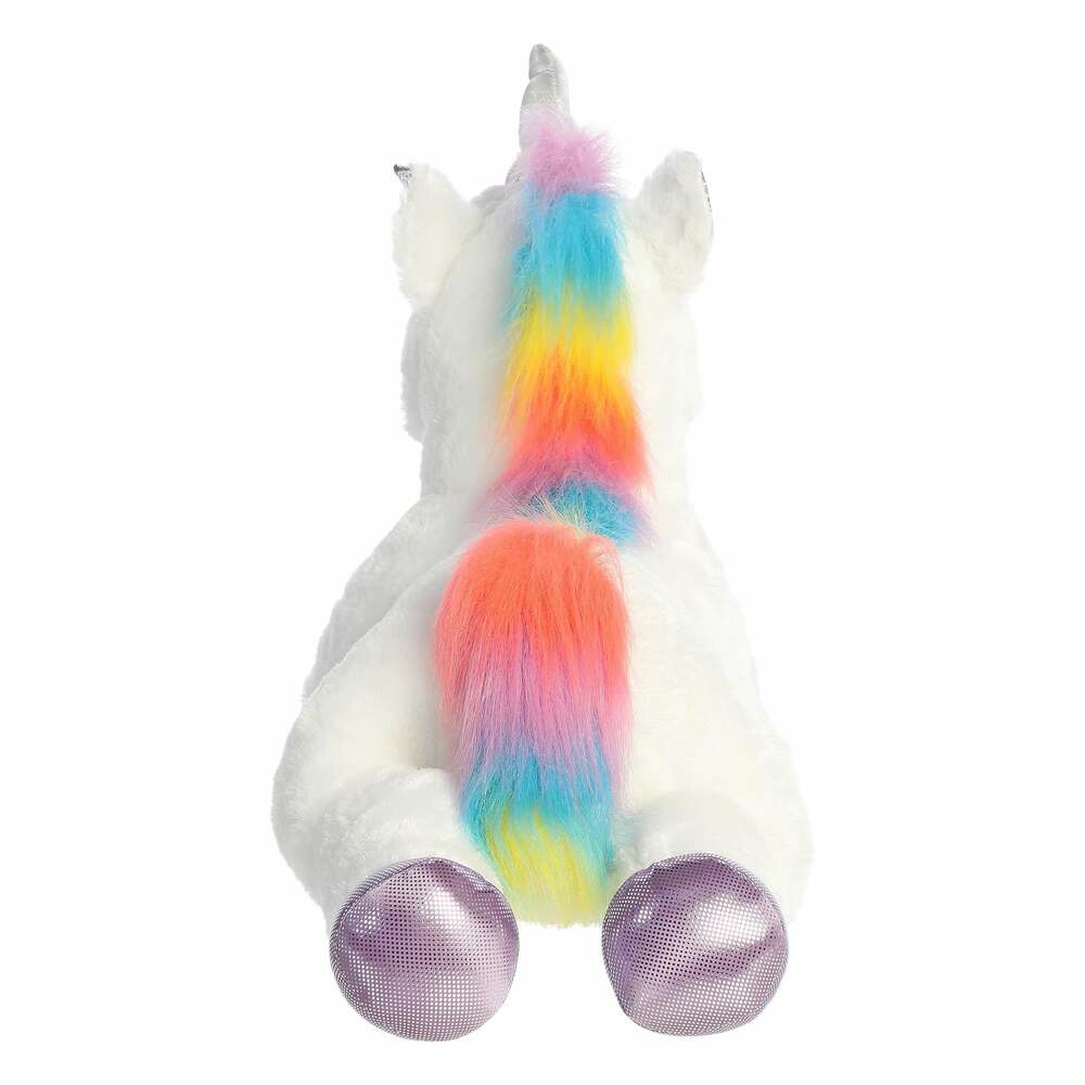 Plush unicorn toy with a rainbow-colored mane on a white background