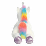 Plush unicorn toy with a rainbow-colored mane on a white background