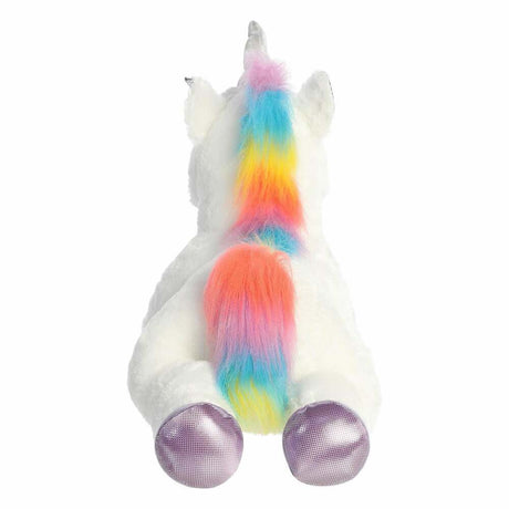 Plush unicorn toy with a rainbow-colored mane on a white background