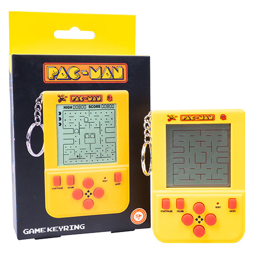 Yellow Pac-Man game keychain with packaging on a white background