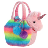 Plush unicorn with a rainbow-patterned bag on a white background