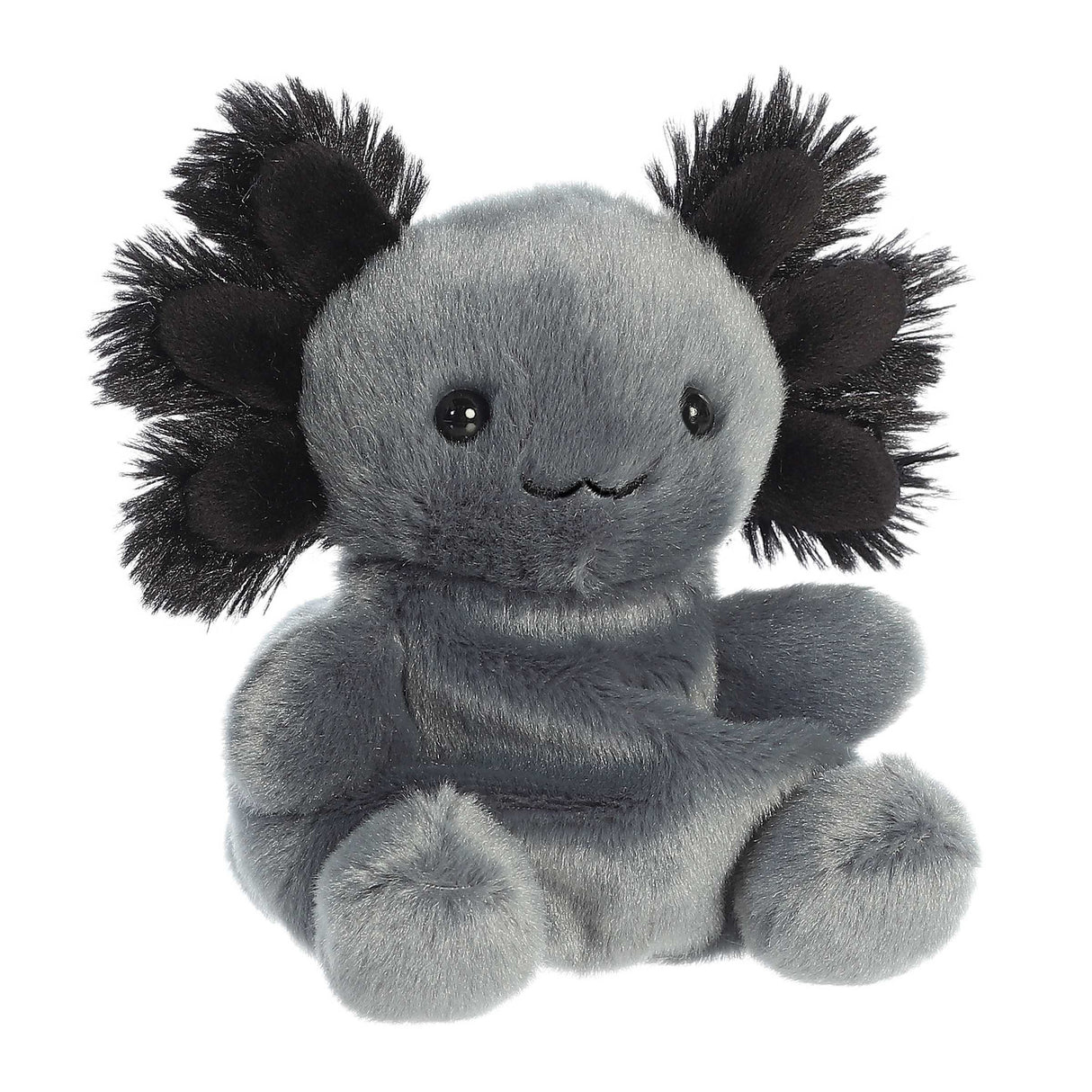 Plush toy Palm Pals - 5" Onyx Axolotl with gray body and black spiky gills on a white background