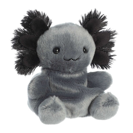 Plush toy Palm Pals - 5" Onyx Axolotl with gray body and black spiky gills on a white background