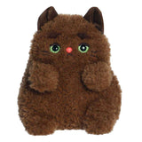 Plush cat toy with brown fur, green eyes, and a red nose on a white background