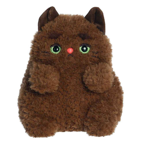 Plush cat toy with brown fur, green eyes, and a red nose on a white background