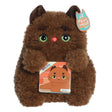 Brown plush cat toy with a matching card on a white background