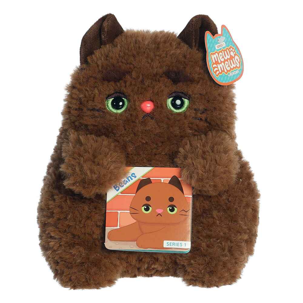 Brown plush cat toy with a matching card on a white background