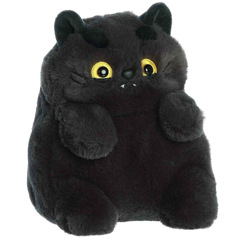 Plush toy of a black cat with yellow eyes on a white background