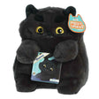 Black plush cat toy with a tag on a white background