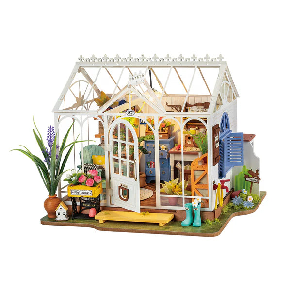 Rolife Dreamy Garden House DIY Miniature House Kit of a greenhouse with detailed interior and decorative elements on a white background