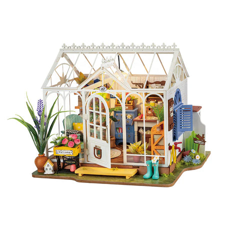 Rolife Dreamy Garden House DIY Miniature House Kit of a greenhouse with detailed interior and decorative elements on a white background