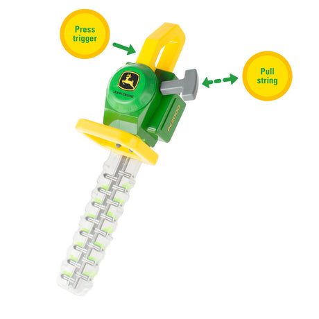 John Deere Hedge Trimmer Toy with green and yellow colors on a white background