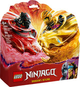 Packaging of the 71826 LEGO® Dragon Spinjitzu Battle Pack featuring two spinning ninja minifigures in dynamic battle poses with fiery red and gold backgrounds, ideal for building toy enthusiasts.