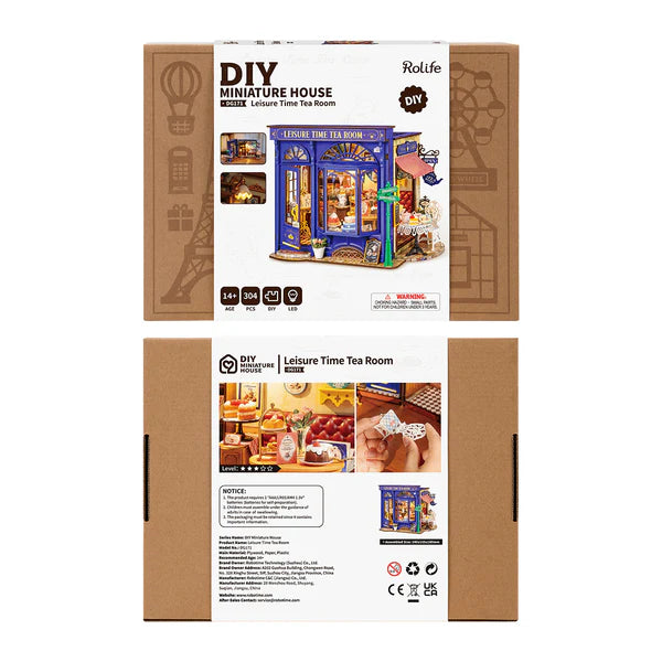 Rolife DIY miniature Leisure Time Tea Room kit packaging with images of the tea room and brand details.