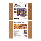 Rolife DIY miniature Leisure Time Tea Room kit packaging with images of the tea room and brand details.