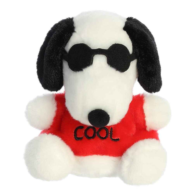 Plush dog toy with sunglasses and a 'COOL' shirt on a white background