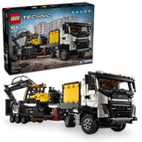42175 LEGO® Volvo FMX Truck & EC230 Electric Excavator model showcasing a detailed white and yellow construction truck with a trailer carrying a matching excavator, perfect for building toy enthusiasts.