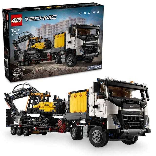42175 LEGO® Volvo FMX Truck & EC230 Electric Excavator model showcasing a detailed white and yellow construction truck with a trailer carrying a matching excavator, perfect for building toy enthusiasts.