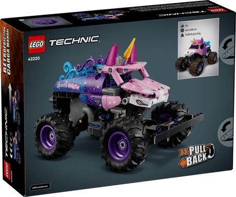 LEGO Technic: Monster Jam™ Sparkle Smash™ Pull-Back set packaging with toy illustration on a dark background