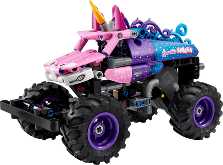 Toy LEGO Technic: Monster Jam™ Sparkle Smash™ Pull-Back with pink and purple design on a transparent background