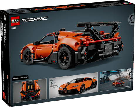 LEGO Technic: Bugatti Chiron Pur Sport Hypercar set packaging with orange car on a dark background