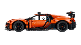 Orange and black LEGO Technic: Bugatti Chiron Pur Sport Hypercar model on a transparent background