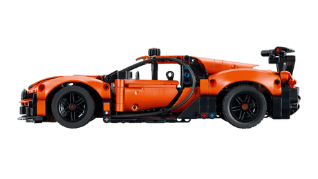 Orange and black LEGO Technic: Bugatti Chiron Pur Sport Hypercar model on a transparent background