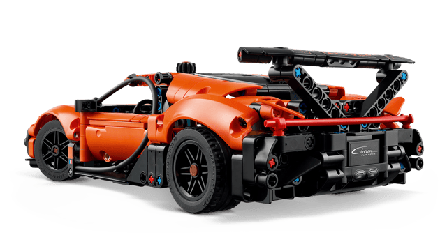 Orange and black LEGO Technic: Bugatti Chiron Pur Sport Hypercar model on a transparent background
