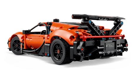 Orange and black LEGO Technic: Bugatti Chiron Pur Sport Hypercar model on a transparent background