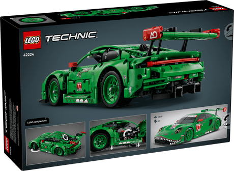 LEGO Technic: Porsche 911 GT3 R REXY AO Racing Car green race car set packaging with model images on a dark background
