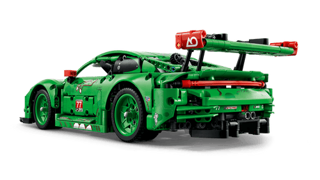 Green LEGO Technic: Porsche 911 GT3 R REXY AO Racing Car with red accents on a transparent background