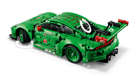 Green LEGO Technic: Porsche 911 GT3 R REXY AO Racing Car on a black platform with a clear background