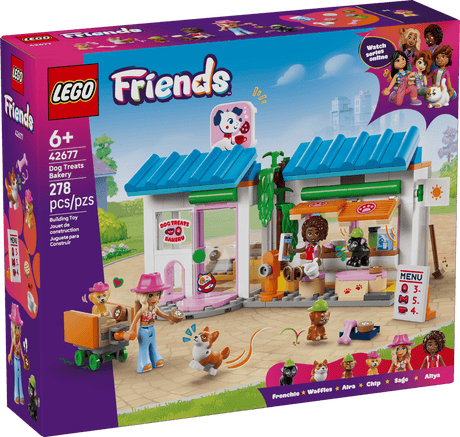 LEGO Friends Dog Treats Bakery set packaging with characters and store.