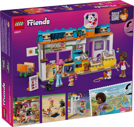 LEGO Friends: Dog Treats Bakery set packaging with store model and characters on a purple background