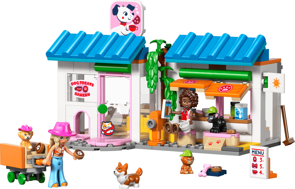 LEGO Friends: Dog Treats Bakery  set with characters and accessories on a green background