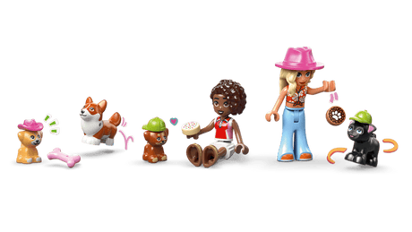 LEGO Friends: Dog Treats Bakery figures  and animals on a green background