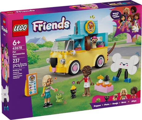 LEGO Friends Pet Accessories Van set packaging with characters and accessories.