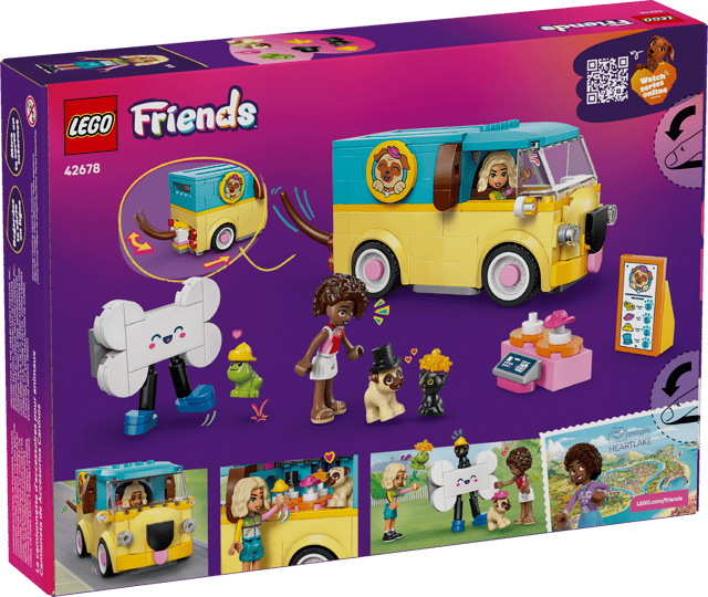 LEGO Friends: Pet Accessories Van set packaging with vehicle, characters, and accessories on a purple background
