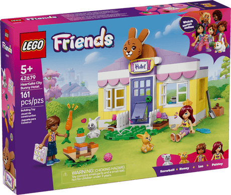 LEGO Friends Heartlake City Bunny Hotel set packaging with characters and building details.