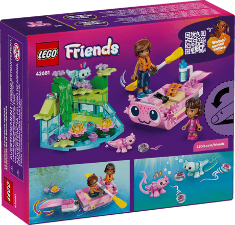 LEGO Friends: Axolotl Adventure Boat packaging with characters and toys on a purple background